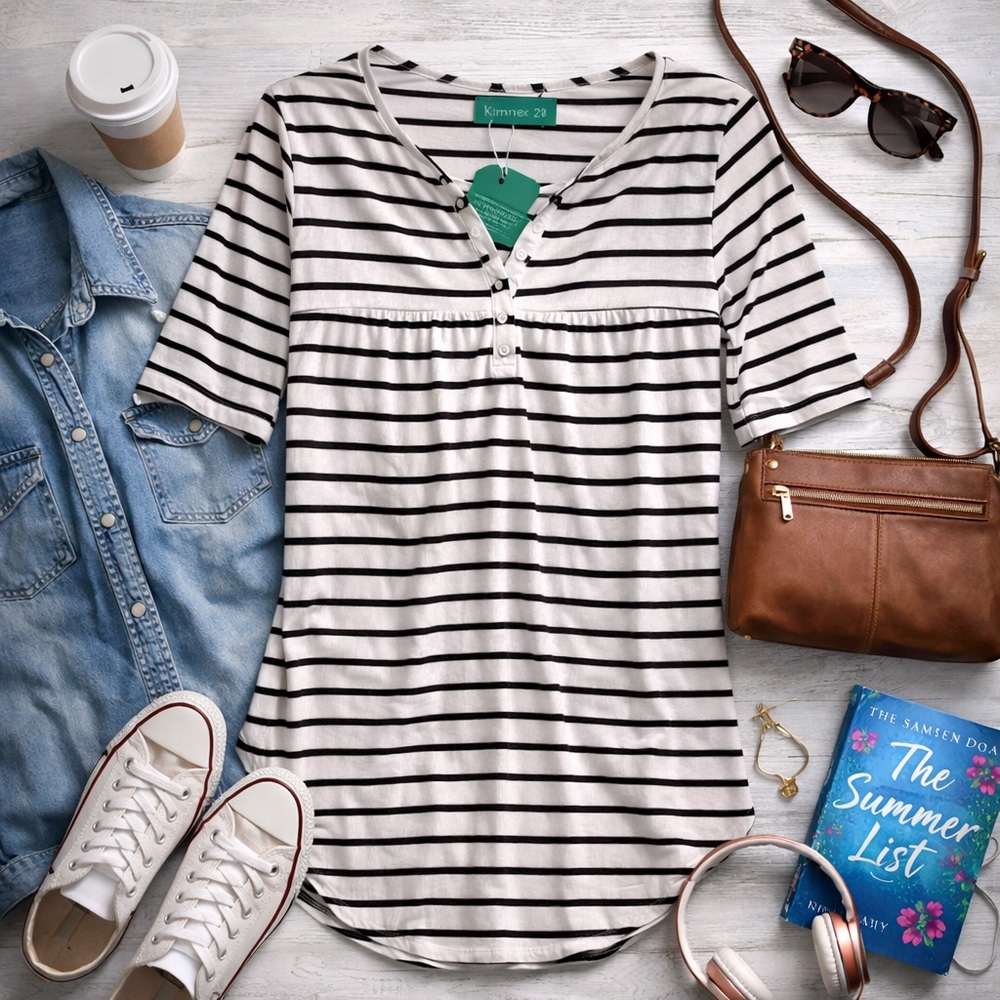 Kimmery Black White Striped Henley Top Womens 2XL Short Sleeve NWT